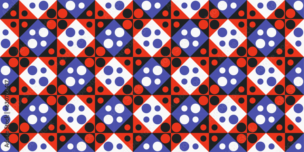 Fototapeta premium Rhombuses are colored, and four small dots inside. Seamless pattern for textiles, pillows, clothes, background, packaging, notepads. Vector.