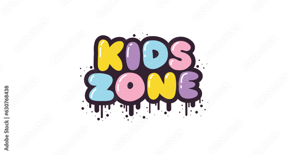 Fototapeta premium Kids Zone - lettering short slogan quote in cute retro graffiti style. Bubble hand drawn letters with black stroke and streaks of paint splashes. Vector isolate on white background.