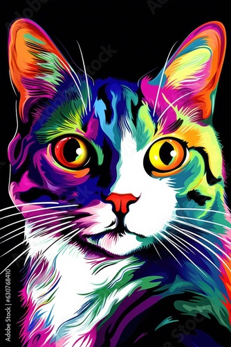 Japanese Bobtail cat psychedelic look. Generative AI