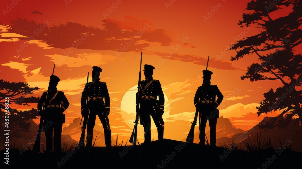 The silhouette of the soldiers on sunset. AI generative.
