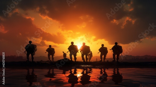 The silhouette of the US soldiers on sunset. AI generative.