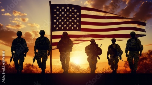 The silhouette of the US soldiers on sunset. With USA flag. AI generative.