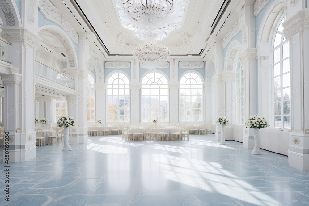 White Wedding Hall. Wedding decor.
