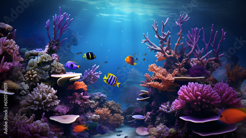 Colorful coral reef with fishes and corals photo background created  with Generative AI technology © Oksana