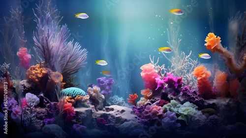Colorful coral reef with fishes and corals photo background created with Generative AI technology