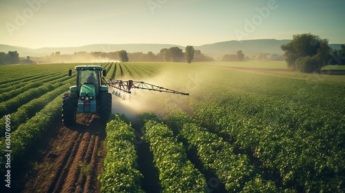 A tractor sprays an agricultural field with fertilizer on a sunset evening. Generative AI.