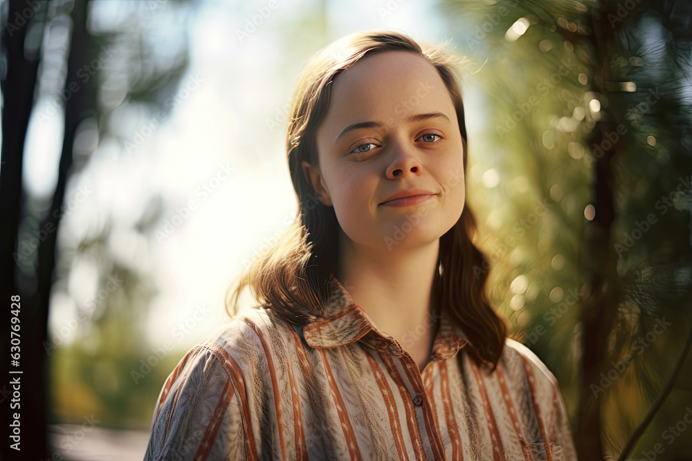Portrait of down syndrome adult woman standing outdoors. Generative Ai