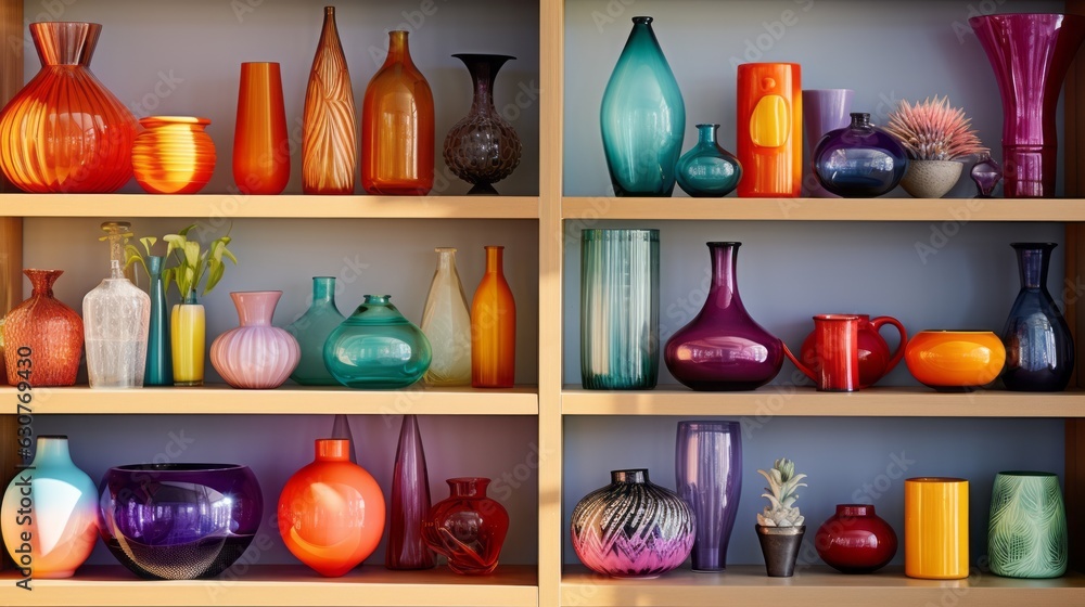 a shelf filled with lots of different colored vases and containers. generative ai