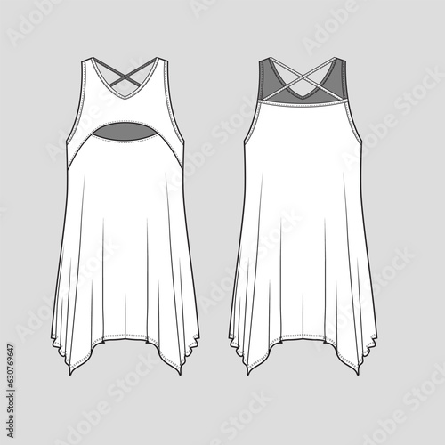 Women cut out Crisscross Back Tunic tank top New Shape Bottom Hem Ruffles Fashion flat sketch Cad Technical Drawing template design vector