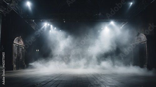 empty dark stage transformed with mist, fog, and brown spotlights, perfect for showcasing artistic works and products. Generative AI © vadymstock
