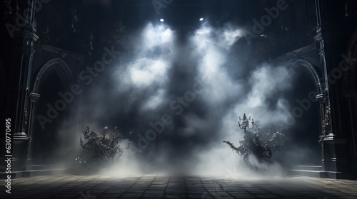 empty dark stage transformed with mist, fog, and brown spotlights, perfect for showcasing artistic works and products. Generative AI