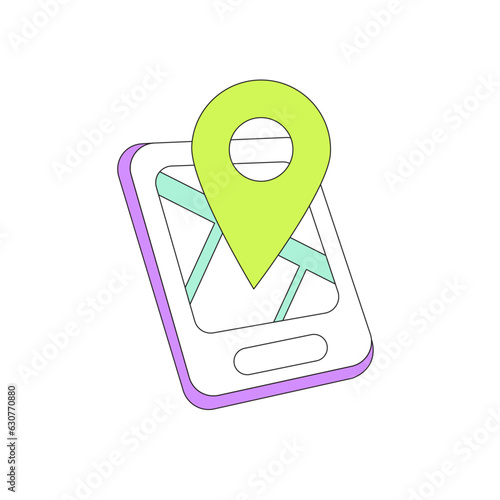 Smartphone with map vector illustration, map pins, GPS mobile application icon, navigator pin checking points for website, ui, app. Simple, flat design with outline.