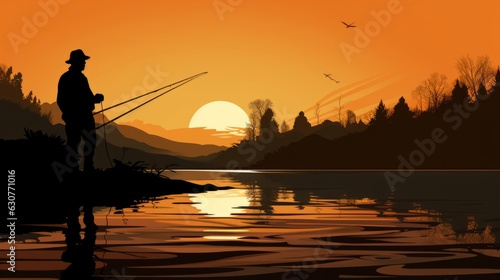 Silhouette of fishing man on the river. AI generative.