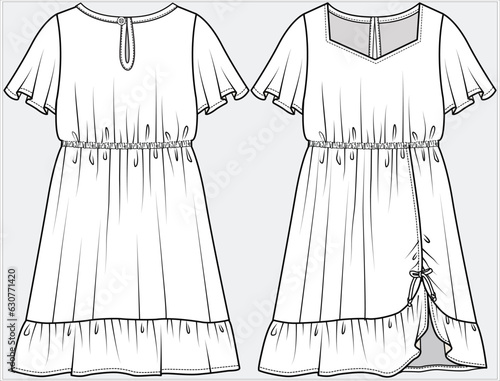 FLARED LEEVES SQUARE NECKLINE DRESS WITH ASYMETTRIC TIR UP FRILL DETAIL DESIGN FOR TEEN GIRLS AND KID GIRLS IN EDITABLE FILE