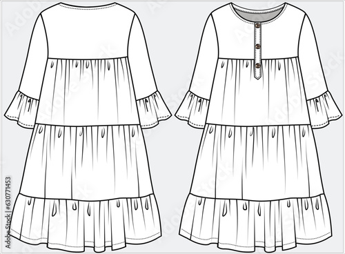EMPIRE CUT HENLEY PLACKET FLORAL TIERED DRESS WITH ELBOW LENGTH SLEEVES DETAIL WOVEN DRESS DESIGNED FOR TEEN GIRL AND WOMEN IN EDITABLE VECTOR