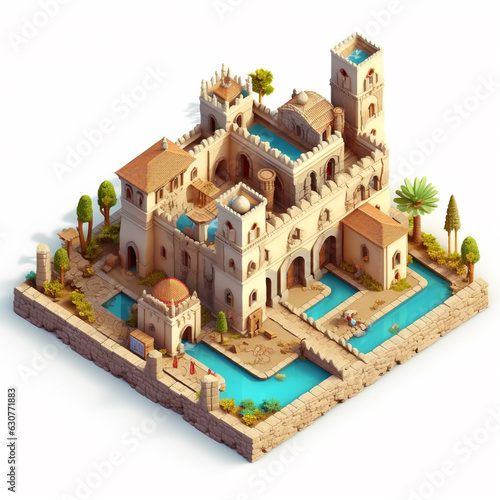 Illustration of an isometric view of a luxurious residence of ancient Middle Eastern and Persian architecture design. Famous for its courtyard design and water element in the middle of the building. 