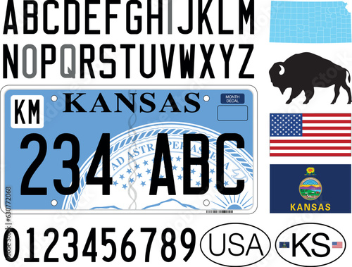 Kansas state car license plate pattern, letters, numbers and symbols, vector illustration, USA photo