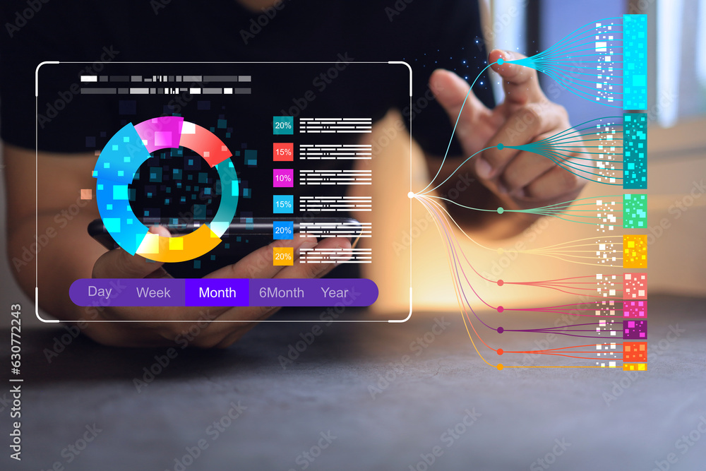 Businessman and big data technology. Scientist computing, analysing and visualizing complex data set on smartphone. Data mining, artificial intelligence, machine learning, business science analytics.