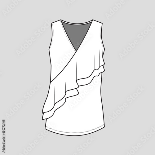 Women Sleeveless Ruffles v neck top t shirt blouse cad flat sketch technical drawing template design vector