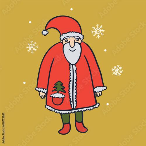 Funny Santa Claus with fir tree in pocket flat vector image (ID: 630772842)