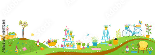 Garden vertical landscape panorama. Spring illustration in hand drawn doodle style with flowers  work tools  garden gnomes and black cat.