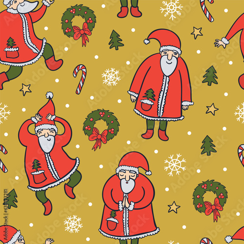 Santa Clauses and Christmas items abstract seamless pattern (ID: 630773281)