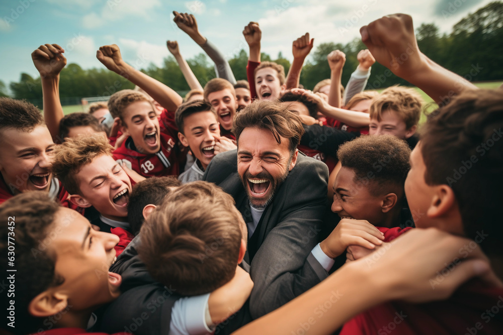 Soccer Coach Celebrating with His Players - Team Spirit and Success. AI Generated. Soccer Coach Celebrating with His Players - Team Spirit and Success. AI Generated.