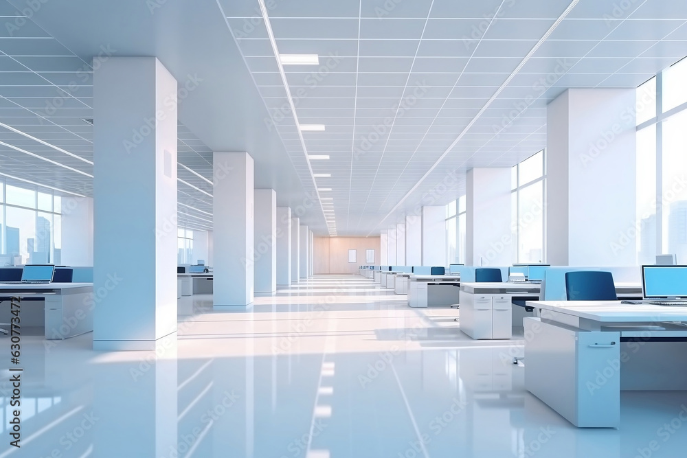 Obraz premium A beautiful modern spacious office hall with panoramic windows and a perspective in pleasant natural blue and beige tones