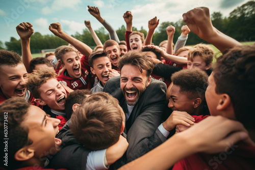 Soccer Coach Celebrating with His Players - Team Spirit and Success. AI Generated.