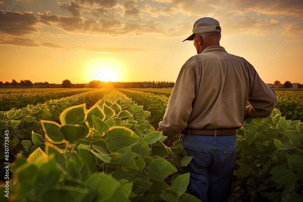 farmer standing in soybean field examining crop. Generative AI.