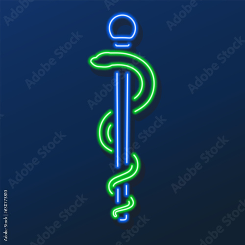 staff of asclepius neon sign, modern glowing banner design, colorful modern design trends on black background. Vector illustration.