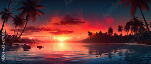 the sunset on the beach with palm trees, in the style of terragen, photo-realistic landscapes, cabincore, light red and dark aquamarine, landscape photography, lush scenery