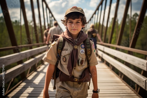 Boy Scout standing on a bridge. Generative AI. photo