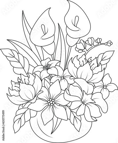 Vector outline illustration for antistress coloring book. A Vase with flower bouquet.