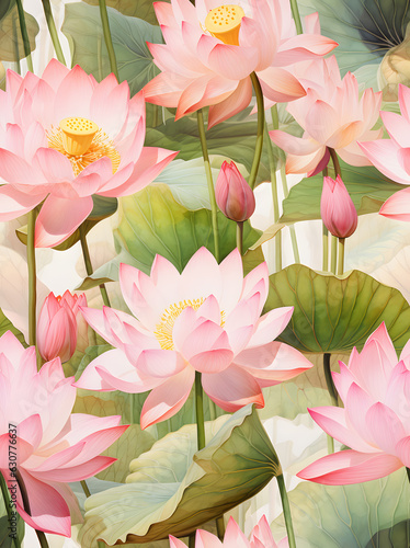 Lotus flower watercolor  seamless pattern created  with Generative AI technology