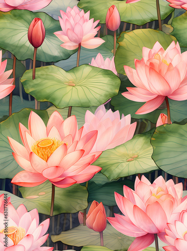 Lotus flower watercolor seamless pattern created with Generative AI technology