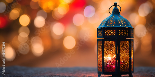Ramadan lanterns on the table. Dark background with street light and bokehs Ramadan Gathering under City Lights 