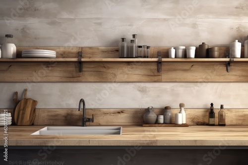 Wooden countertop in a kitchen with beautiful decoration. Perfect for product presentation or background. © LeitnerR