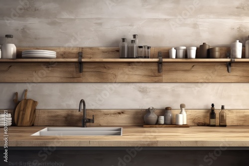 Wooden countertop in a kitchen with beautiful decoration. Perfect for product presentation or background.