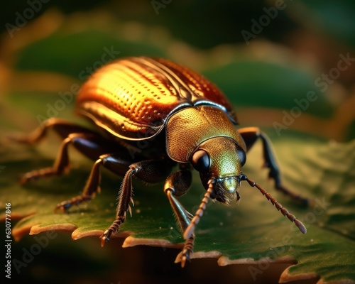 A photorealistic image of a super macro shot of Christmas beetle, macro lens, emphasizing the detail and realism of image. Generative AI