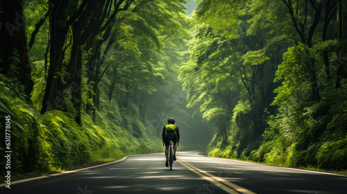 cyclist rides on a highway surrounded by green forests generative ai