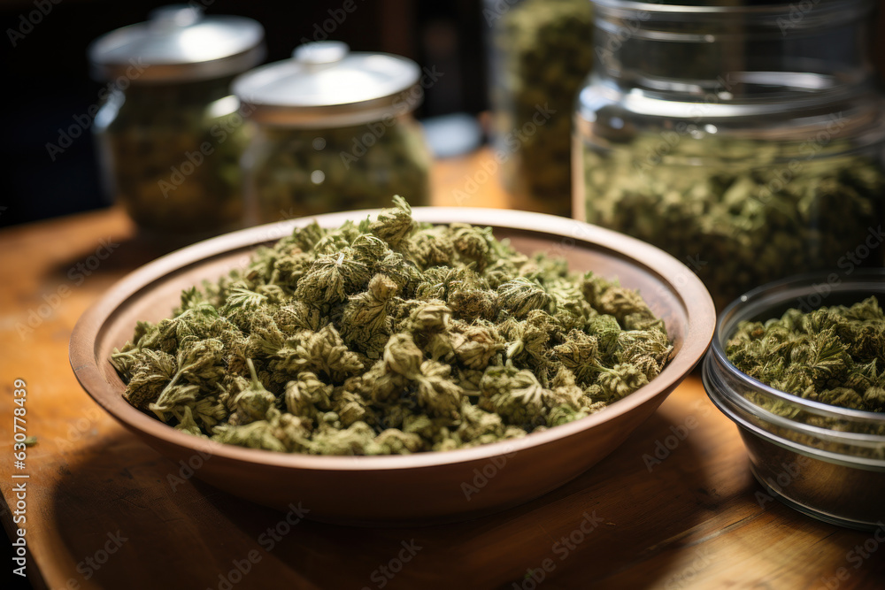 dried green cannabis buds in a plate generative ai dried green cannabis buds in a plate generative ai