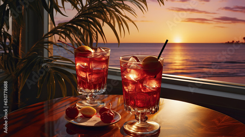 two cocktails on a table at sunset, in the style of photorealistic details, maroon, carnivalcore, soft edges and blurred details, soviet photo