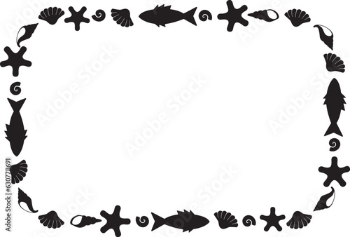 Marine silhouette horizontal frame of fish, shells and other underwater animals. Frame for the design of text or drawings in a marine style.