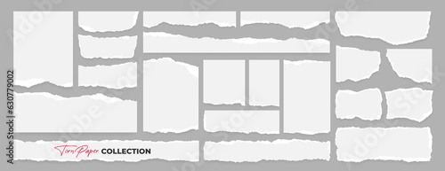 Set of realistic white torn or ripped paper sheets for social media clip art. Office scrap note, notebook page split or torn paper collection. Newspaper text message label strip. Decoration ornament.
