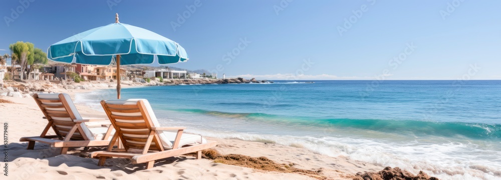 Fototapeta premium Chairs And Umbrella In Tropical Beach - Seascape Banner