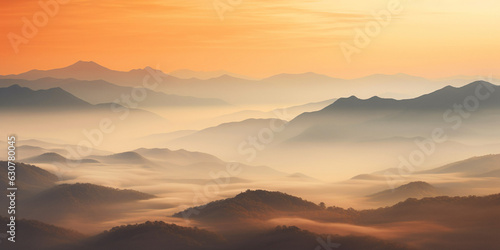 Landscape background with sunrise over misty mountains. Dramatic sky, rolling hills and serene nature scene at twilight. © iconogenic