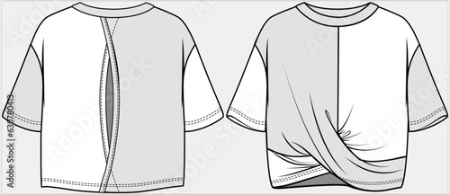 SHORT SLEEVES DROP SHOULDER CROP TOP WITH TWISTED FRONT DETAIL DESIGN FOR WOMEN TEEN GIRLS AND KID GIRLS IN EDITABLE FILE