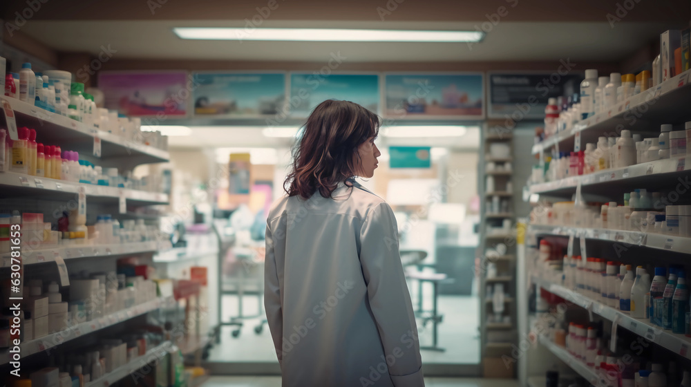 Woman in a lab coat standing in front of a pharmacy shelves