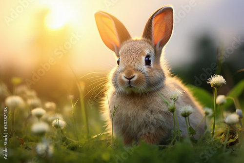 rabbit on green grass with sunset